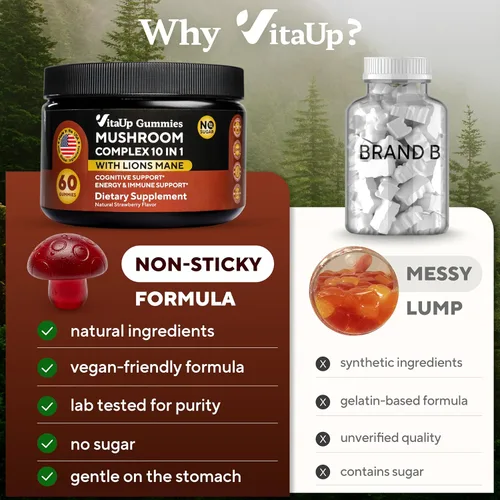 Miniatura 6 de VitaUp Gomitas de hongos para adultos – Suplemento de hongos 10 en 1 fabricado en Estados Unidos – Complejo de hongos con melena de león, cordyceps