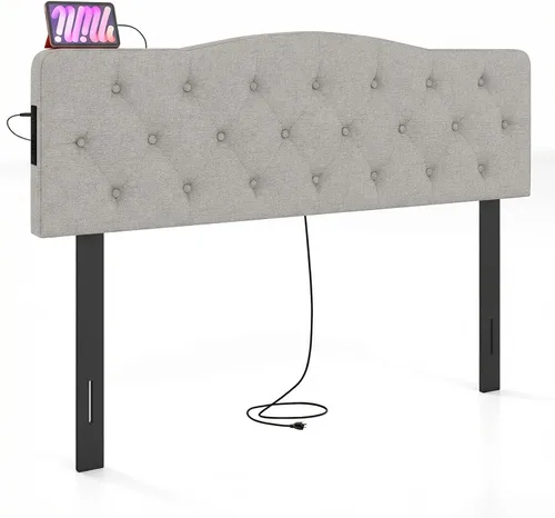 Miniatura 26 de Giantex Cabecero tapizado de lino para marco de cama Full y Queen, cabecero capitonado con botones de ancho ajustable solamente con patas de madera
