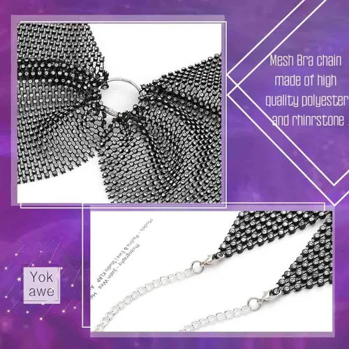 Miniatura 3 de Yokawe Sujetador de cristal sexy, cadena de cuerpo negro brillante con diamantes de imitación para bikini, brasier corto, fiesta, rave, festival