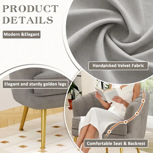 Miniatura 8 de Silla de acento de terciopelo Andeworld, silla de sofá individual moderna tapizada, sillón de club de barril cómodo para sala de estar con patas