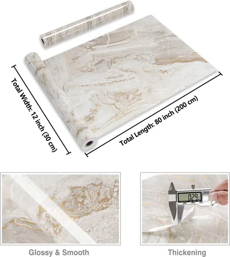 Miniatura 8 de CRE8TIVE Papel de contacto de mármol líquido dorado beige para armarios, papel tapiz de mármol brillante para encimeras de despegar y pegar, Oro