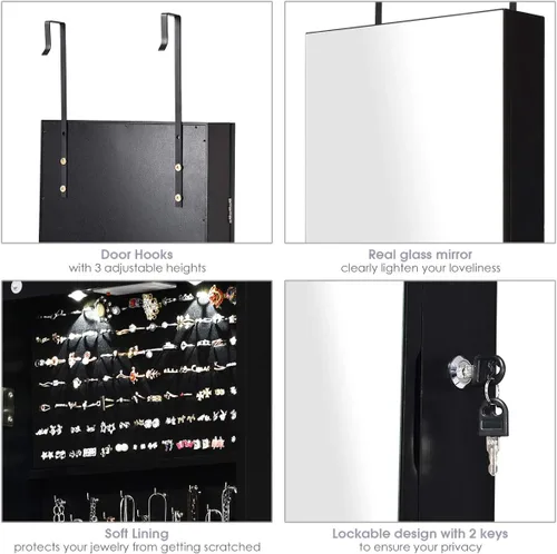 Miniatura 6 de Giantex Armario de joyería para puerta de pared con espejo de longitud completa 2 LED con cerradura grande organizador de joyas con espejo ancho
