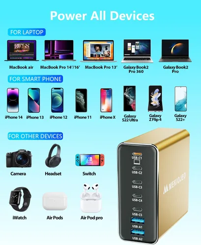 Miniatura 4 de Cargador USB C de aleación de aluminio 260 W GaN estación de carga rápida USB C 7 puertos 65 W cargador portátil para MacBook Pro/Air/iPad