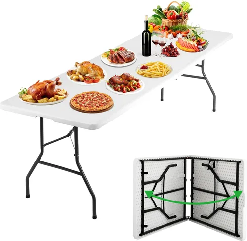 Mesa plegable, mesa de camping de plástico de 8 pies, mesa de fiesta portátil con asa de transporte para fiestas, bodas, barbacoa, camping, comedor,