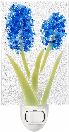 J Devlin Glass Art Luz nocturna de campana azul de vitral, luz nocturna enchufable hecha a mano con diseño de flores de vidrio fundido en azul y