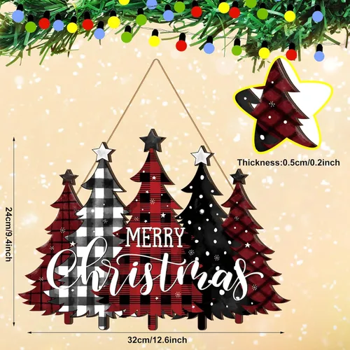 Miniatura 2 de BBTO Letrero de puerta con texto en inglés "Merry Christmas", diseño de búfalo a cuadros, árbol de Navidad, decoración de árbol de Navidad