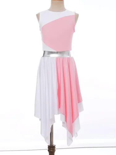 Miniatura 5 de Oyolan Vestido de baile de alabanza lírica de un hombro para niñas y niñas, sin mangas, bloque de color, túnica litúrgica para adoración