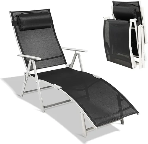 Giantex Tumbona para exterior, silla de playa plegable reclinable con cojín extraíble y almohada para reposacabezas, tumbona de descanso al aire