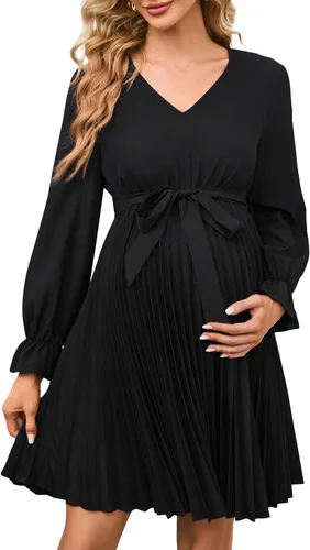 KOJOOIN Vestido plisado de manga larga abombada para mujer, cuello en V, volantes, casual, con cinturón, vestido midi para baby shower, sesión de