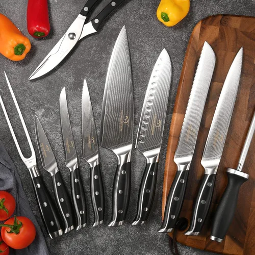 Miniatura 4 de VG10 - Juego de cuchillos de cocina de acero Damasco de 67 capas con asas de triple remache, 6 cuchillos de carne, tenedor de carne, afilador