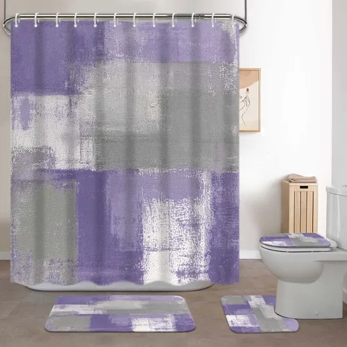 Miniatura 7 de Lnond 4 Piezas Juegos de Cortinas de Ducha de Baño Moradas con Alfombras, Arte de Pintura Púrpura y Gris Juegos de Baño con Cortina de Ducha