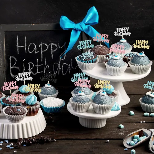Miniatura 6 de Gyufise 24 piezas de decoración para pastel de cumpleaños con purpurina, adornos brillantes para pastel de cumpleaños, adornos de comida para 6