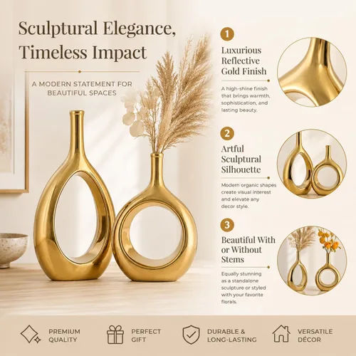 Miniatura 3 de Juego de 2 jarrones de cerámica dorados brillantes, jarrón moderno hueco circular con agujero para decoración del hogar, para centros de mesa, Oro