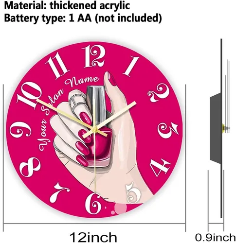 Miniatura 2 de Reloj de pared de salón de uñas de 12 pulgadas, nombre personalizado, regalo de técnico de uñas, reloj de pared silencioso sin tictac, funciona