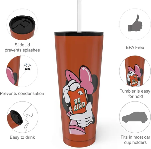 Miniatura 6 de Zak Designs Disney Minnie Mouse - Vaso de viaje de acero inoxidable con aislamiento al vacío con tapa a prueba de salpicaduras, incluye popote