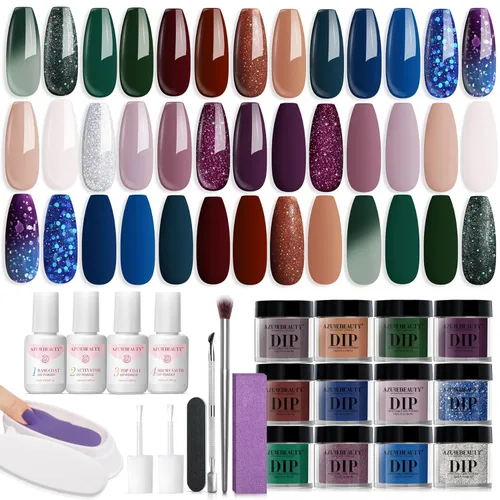 Miniatura 14 de AzureBeauty Kit de iniciación de polvo de inmersión para uñas, color azul, rojo, verde, purpurina, 31 piezas, 20 colores, polvo de inmersión