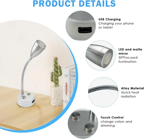 Miniatura 4 de TZnpnor - Paquete de 2 luces LED de noche de 12 a 24 V, puerto de carga USB, cuello de cisne, atenuación táctil, foco giratorio de 360° para cámper