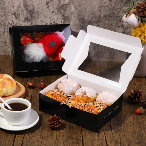 Miniatura 4 de TaoBary 100 piezas Cajas de panadería de 8 pulgadas 8 x 6 x 2.5 pulgadas Cajas de galletas y pasteles con 2 estilos de ventana para galletas, Negro