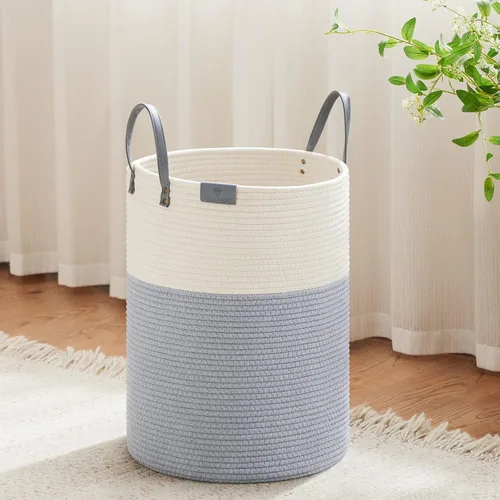 Miniatura 32 de VIPOSCO Cesta alta para ropa sucia, cesta grande para ropa sucia con mango de cuero, cesta de almacenamiento de cuerda tejida para manta, juguete