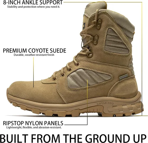 Miniatura 5 de ROCKROOSTER Burano Botas tácticas militares para hombre, 8 pulgadas, gamuza coyote y nailon, cremallera lateral YKK para poner y quitar fácilmente