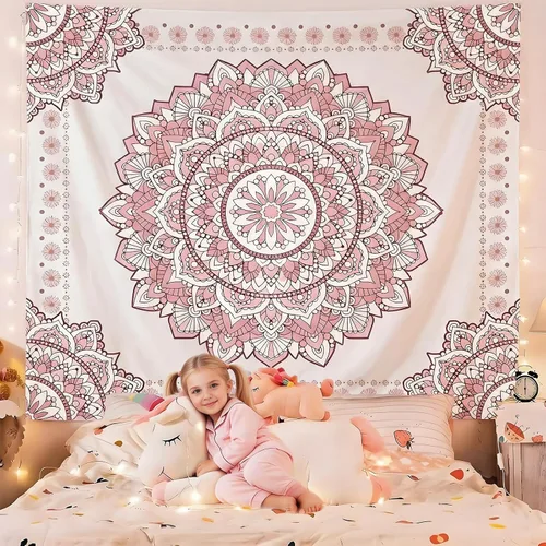 Miniatura 2 de Atrippy Tapiz de pared bohemio con mandala rosa para dormitorio, tapiz estético blanco y rosa, decoración de habitación para adolescentes y niñas