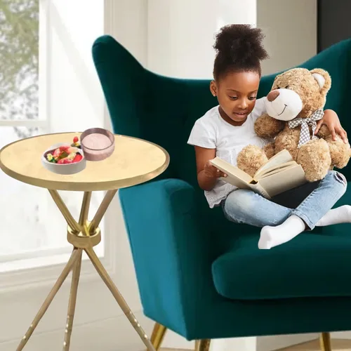 Miniatura 9 de Moderna mesa auxiliar redonda pequeña, mesa auxiliar de acero inoxidable con 3 patas doradas, elegante y ligera parte superior de mármol sintético