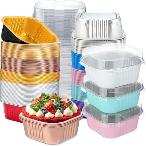 Miniatura 11 de Aoriher 150 piezas de moldes mini para pasteles de 10 onzas con tapas, tazas de horneado de papel de aluminio cuadradas desechables de 4" x 4