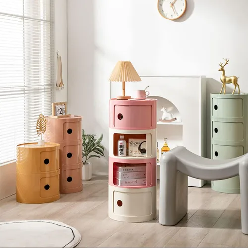 Miniatura 6 de Mesita de noche redonda de plástico de 2/3/4 niveles, mueble de almacenamiento con cajones y puerta corredera, armario de noche moderno nórdico