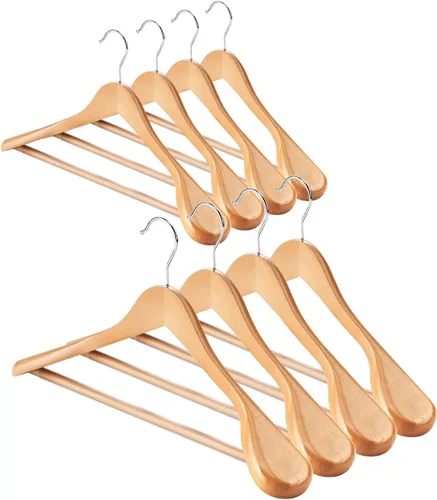 Miniatura 9 de AMKUFO Perchas de Madera de Hombro Ancho Paquete de 8 Perchas para Abrigos con Barra Antideslizante para Pantalones, Perchas de Traje de Servicio