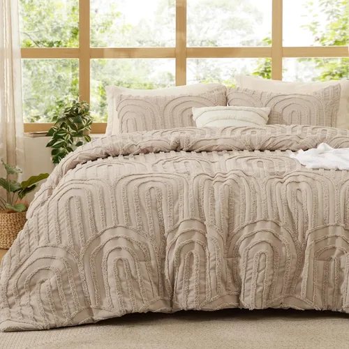 Miniatura 22 de Bedsure - Juego de edredón individual/King, juego de cama bohemio azul polvo capitoné, 3D, tipo jacquard, 2 piezas: 1 edredón estilo rústico chic