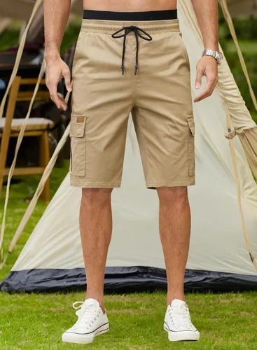 Miniatura 3 de JMIERR Pantalones cortos de sarga para hombre con cordón de algodón clásico elástico con 6 bolsillos