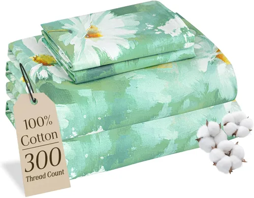 Miniatura 18 de MCO Juego de sábanas de 100% algodón de 300 hilos, tamaño Queen, bolsillo profundo de 16 pulgadas, sábanas refrescantes transpirables de 4 piezas