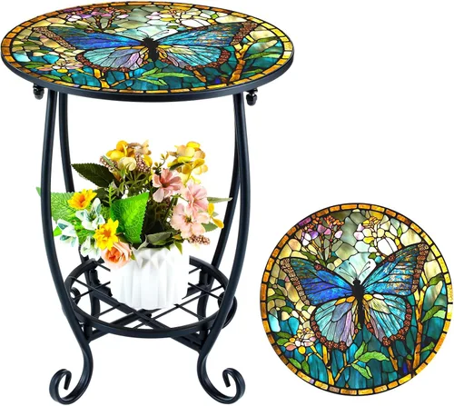 Cinnvoice Mesa auxiliar redonda para exteriores, mosaico pequeño, decoración de patio, planta interior, mesa de té para patio, porche, jardín, sala