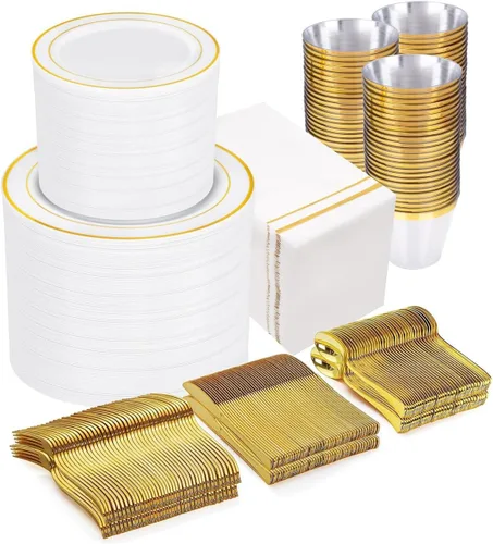 Miniatura 12 de GATHER 350 platos de plástico dorados. El juego de vajilla de plástico desechable blanco y dorado incluye 50 platos llanos, 50 platos de postre, 150
