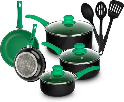 Miniatura 6 de Juego de ollas y sartenes, juego de utensilios de cocina antiadherentes de aluminio, sartenes, cazuela con tapa, sartén y utensilios, juego de Negro