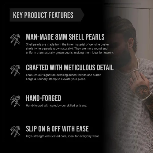 Miniatura 3 de Forge & Foundry Men's 8mm Shell Pearl (Man-Made) Bracelet Small, Medium, Large and Adjustable Sizing Options Marlow Refined Hand-Crafted Jewelry
