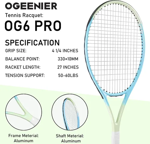 Miniatura 2 de OGEENIER 27 Inch Adult Tennis Racket Set, Pre-Strung Beginners Tennis Racquet, Lightweight and Recreational Aluminum Rackets with Overgrip, Tennis
