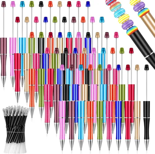 Miniatura 8 de Crtiin Kit de 100 bolígrafos de plástico con cuentas de 50 cuentas, con 50 recambios para manualidades, regalo para oficina (negro)