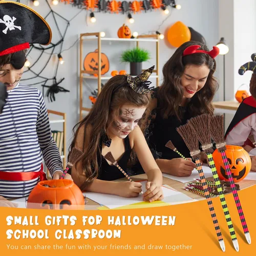 Miniatura 5 de Ireer Lápiz de escoba de bruja de Halloween, bolígrafos coloridos de escoba de bruja, lápices de escritura, recuerdos de fiesta de Halloween