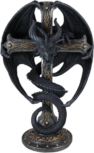 Ebros Gift Fantasía medieval Bahamut Demon Guardian Altar Drake Dragón Enrollado En Celta Nudo Cruz Crucifijo Taper Candleholder Desktop Figurine