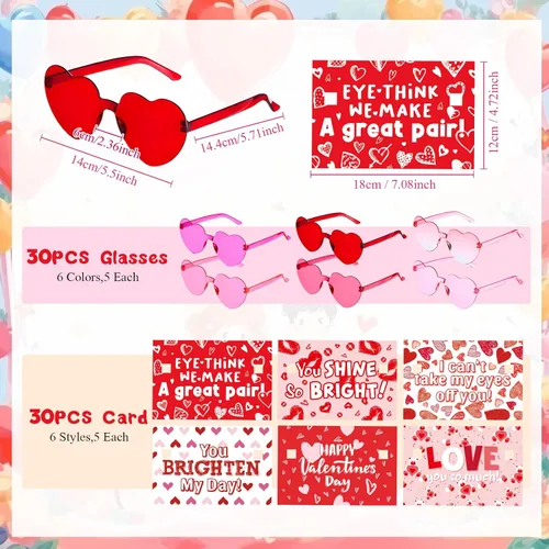 Miniatura 2 de Kathfly 30 juegos de tarjetas de San Valentín con lentes de sol de corazón a granel para regalos unisex (lentes de corazón rosas)