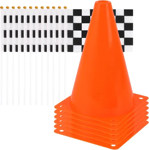 Conos de tráfico mini (con agujero en la parte superior) con banderas de carreras a cuadros, conos de seguridad deportivos para conos de fútbol y
