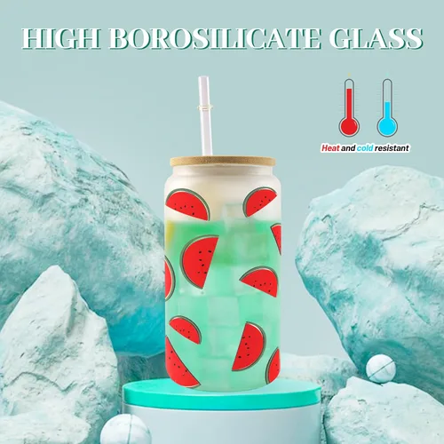 Miniatura 5 de Joyclub Paquete de 8 vasos de vidrio en blanco para sublimación con tapas y pajitas de bambú, latas de cerveza de vidrio esmerilado de 16 onzas