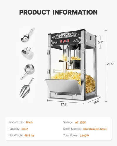 Miniatura 8 de Máquina comercial de palomitas de maíz de 16 onzas, 1440 W, máquina de palomitas de cine, máquina de palomitas de mesa negra con control de 3 Negro