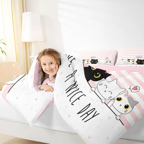 Miniatura 76 de Erosebridal Juego de ropa de cama para niños, tamaño individual, diseño de gatos de dibujos animados, para niñas, niños y adolescentes, edredón