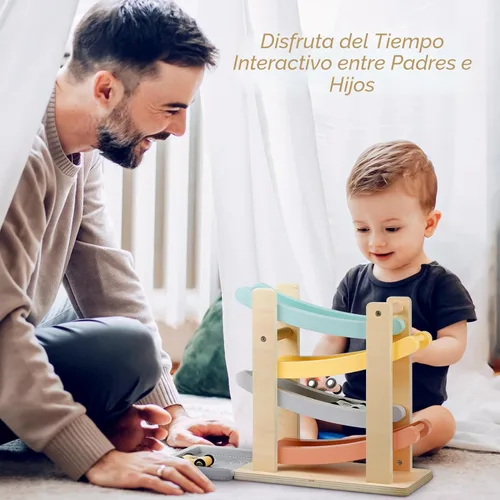 Miniatura 5 de Joyreal Montessori - Juguetes para niños de 1 a 2 años – 4 niveles de madera de juguete de carreras de coches con 4 mini autos y garajes – Regalos