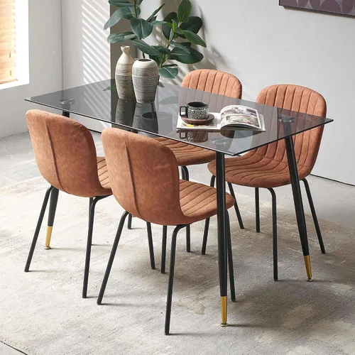 Miniatura 8 de Juego de 4 sillas de comedor, modernas sillas de comedor de piel sintética de mediados de siglo con patas de metal negro, cómoda silla de cocina