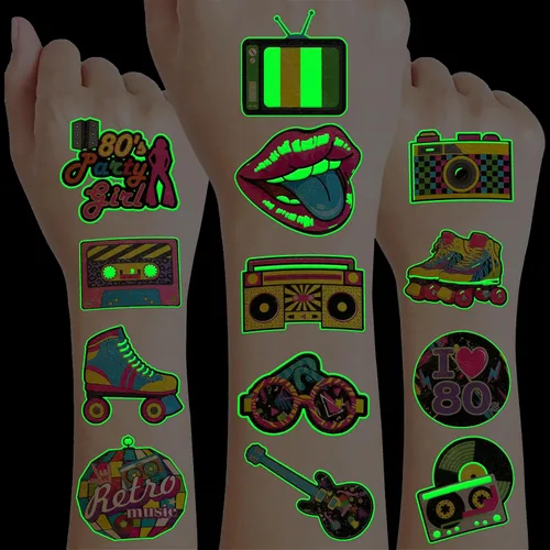 Miniatura 4 de 96 piezas de tatuajes temporales precortados que brillan en la oscuridad de los años 80 para decoración de fiesta de cumpleaños, suministros