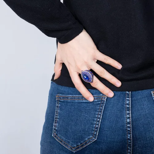 Miniatura 5 de Anillo de mujer - 1.260 in de gran tamaño chapado en oro antiguo estilo turco azul piedra preciosa anillo vintage joyería de las mujeres J0769BLUE