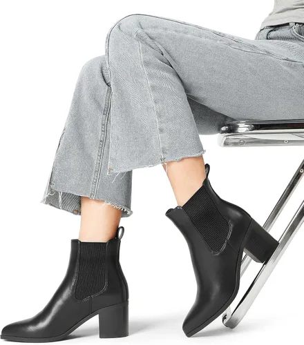 Miniatura 8 de DREAM PAIRS Botines Chelsea elásticos retro para mujer, a la moda, tacón bajo y grueso, puntera puntiaguda, botines de tacón de otoño
